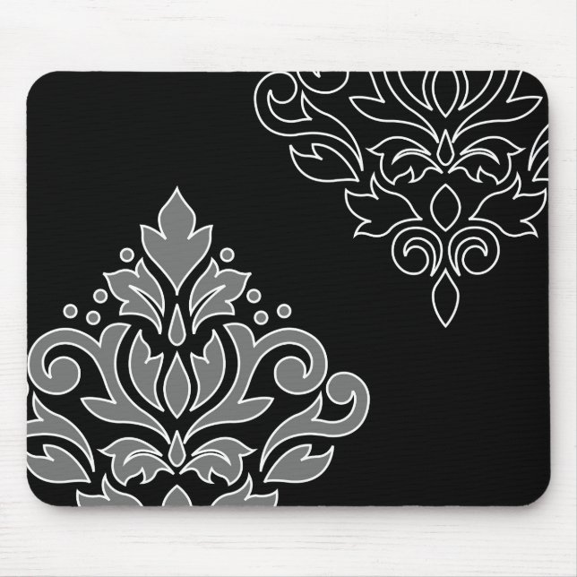 Scroll Damask Art I White Line Grey Black Mouse Pad (Front)