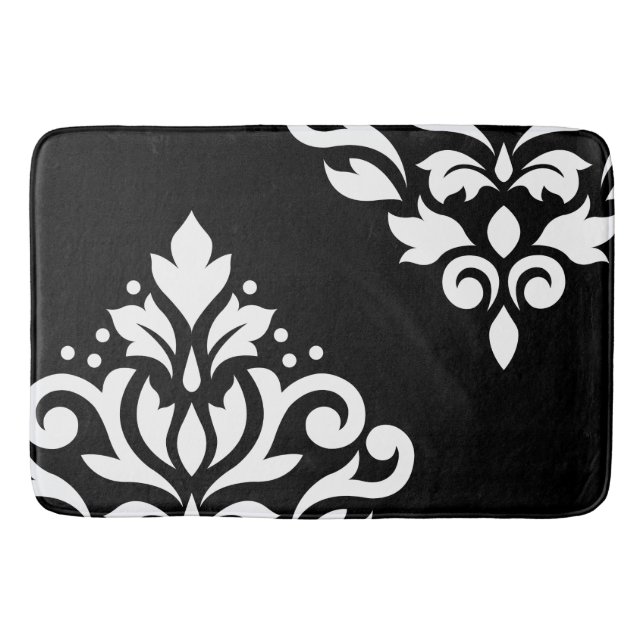 Scroll Damask Art I White on Black Bath Mat (Front)