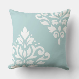 Scroll Damask Art I White on Duck Egg Blue (B) Cushion