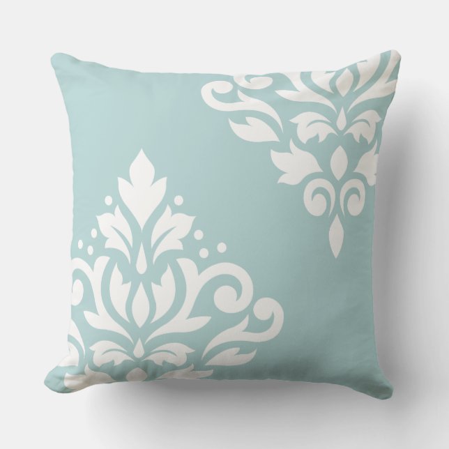 Scroll Damask Art I White on Duck Egg Blue (B) Cushion (Front)