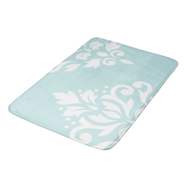 Scroll Damask Art I White on Duck Egg Blue Bath Mat (Angled)