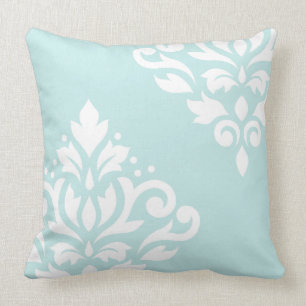Scroll Damask Art I White on Duck Egg Blue Cushion