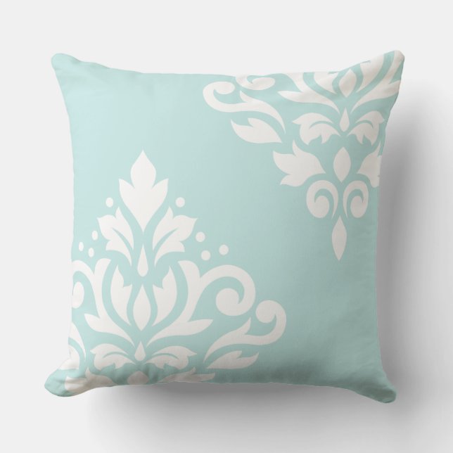 Scroll Damask Art I White on Duck Egg Blue Cushion (Front)