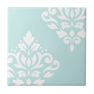Scroll Damask Art I White on Duck Egg Blue Tile