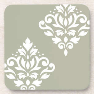 Scroll Damask Art I White on Green Coaster