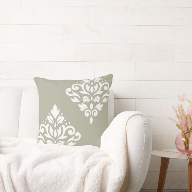 Scroll Damask Art I White on Green Cushion (Couch)