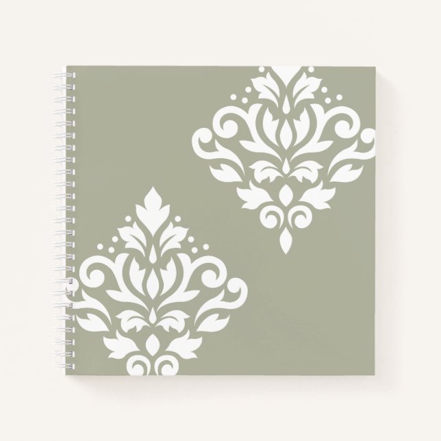 Scroll Damask Art I White on Green Notebook (Front)