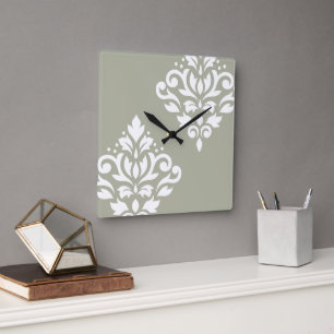 Scroll Damask Art I White on Green Square Wall Clock