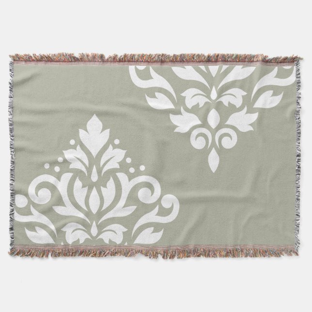 Scroll Damask Art I White on Green Throw Blanket (Front)