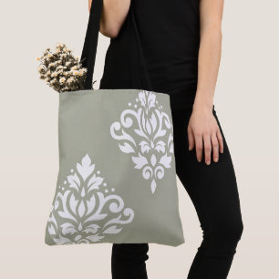 Scroll Damask Art I White on Green Tote Bag