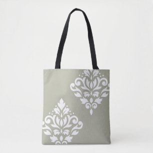 Scroll Damask Art I White on Green Tote Bag
