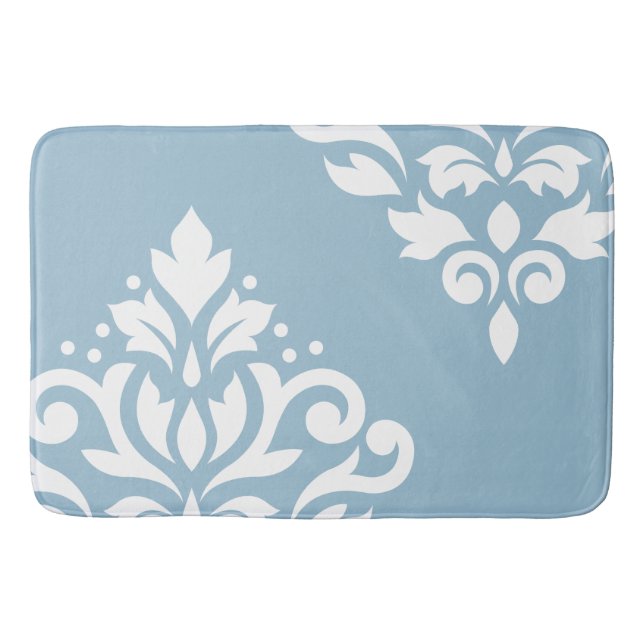 Scroll Damask Art I White on Light Blue Bath Mat (Front)