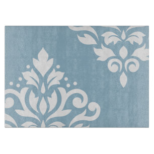Scroll Damask Art I White on Light Blue Cutting Board