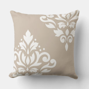 Scroll Damask Art I White on Light Taupe Cushion