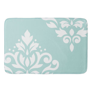 Scroll Damask Art I White on Light Teal Bath Mat