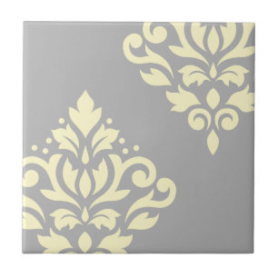 Scroll Damask Art I Yellow on Grey Ceramic Tile