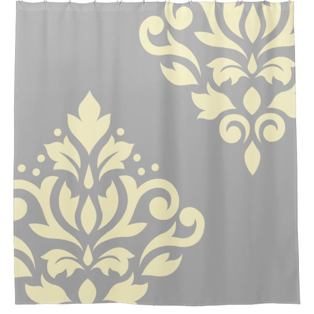 Scroll Damask Art I Yellow on Grey Shower Curtain (Front)