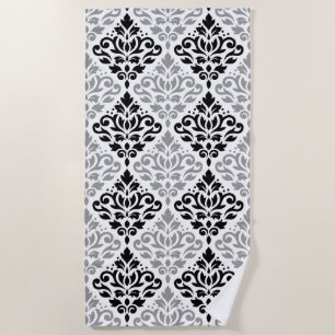 Scroll Damask Big Pattern Black Grey White Beach Towel