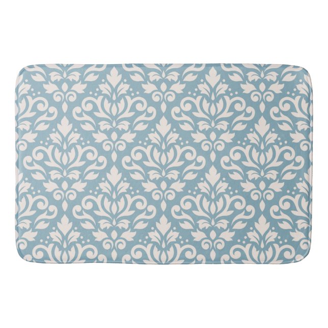 Scroll Damask Big Pattern Cream on Blue Bath Mat (Front)