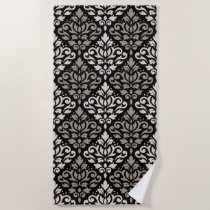 Scroll Damask Big Pattern Taupe Cream Black Beach Towel