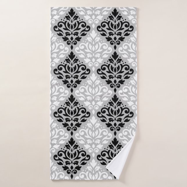 Scroll Damask Big Ptn B&W on Grey Bath Towel (Bath Towel)