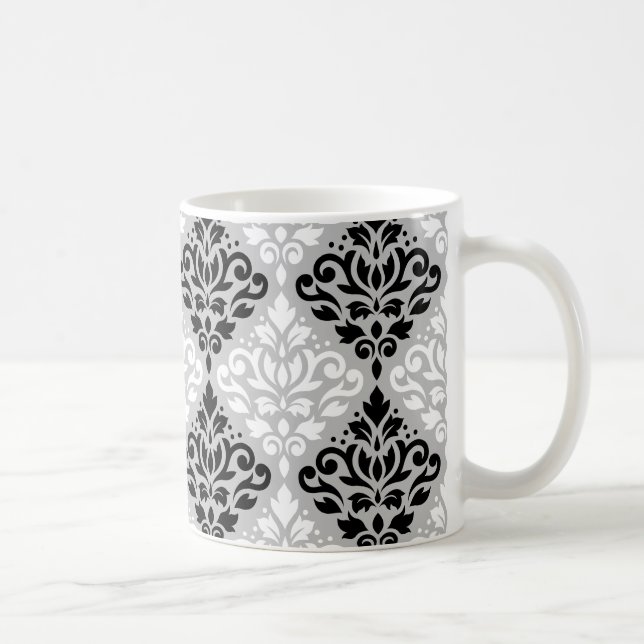 Scroll Damask Big Ptn B&W on Grey Coffee Mug (Right)
