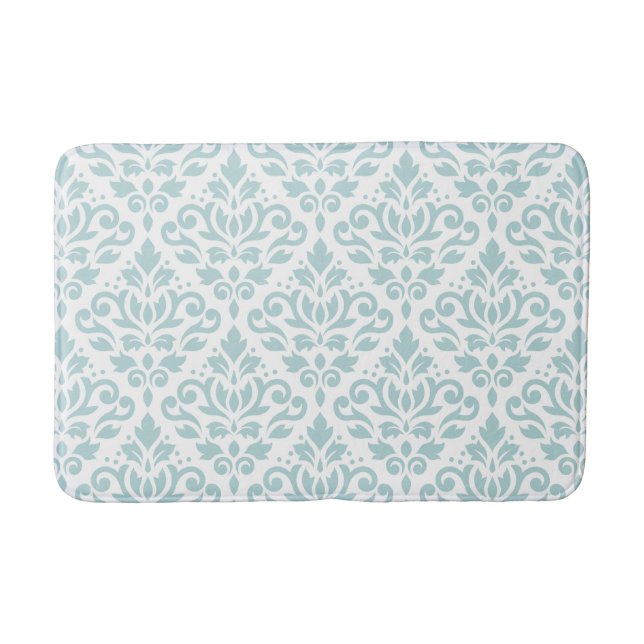 Scroll Damask Big Ptn Duck Egg Blue (B) on White Bath Mat (Front)