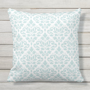 Scroll Damask Big Ptn Lt Duck Egg Blue on White Cushion