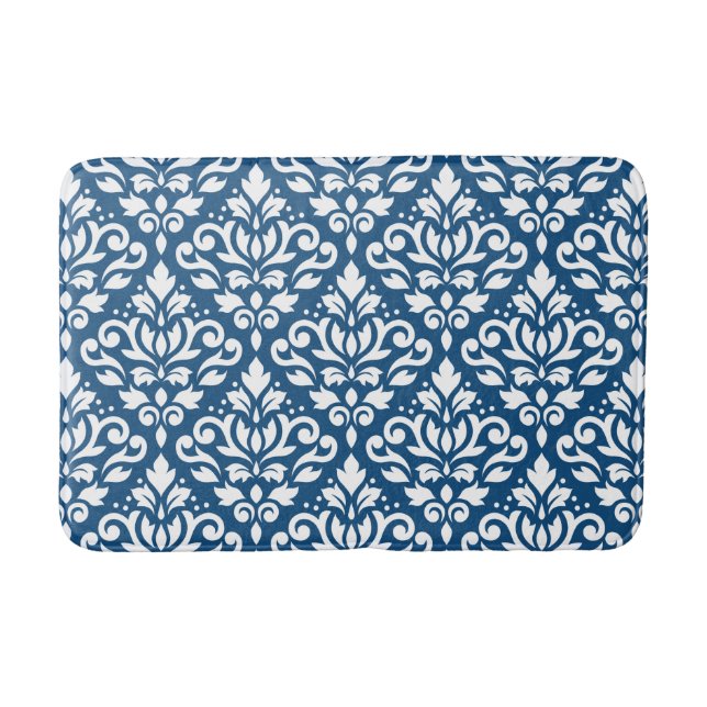 Scroll Damask Big Ptn White on Dk Blue Bath Mat (Front)