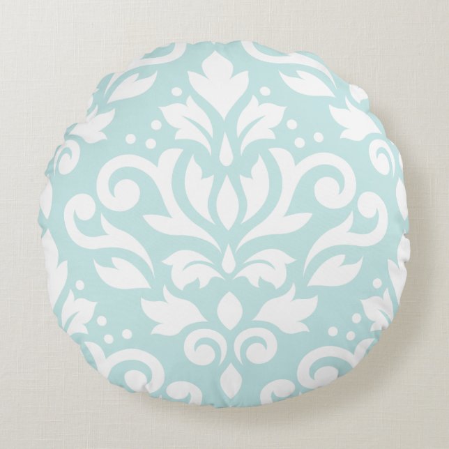 Scroll Damask Design White on Duck Egg Blue Round Cushion (Front)