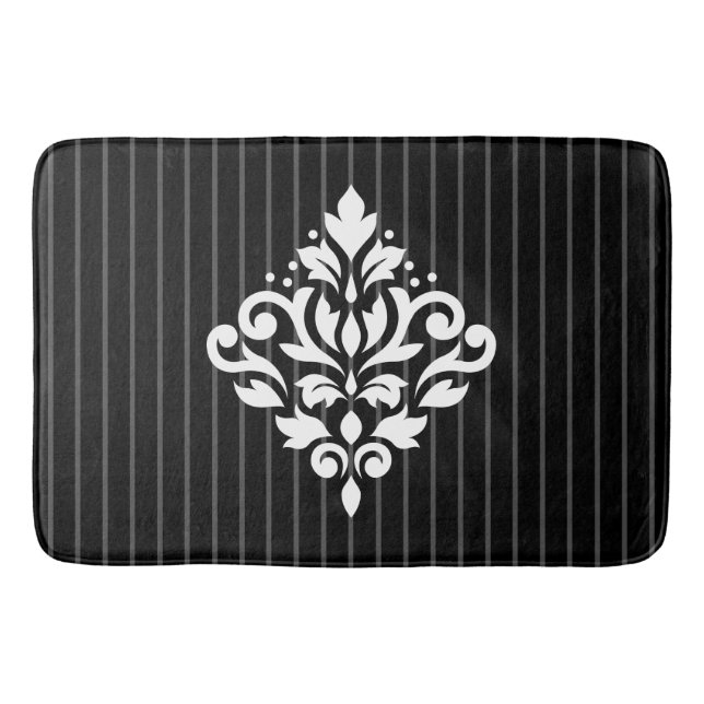 Scroll Damask Design White on Grey Stripes & Black Bath Mat (Front)