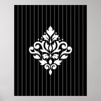 Scroll Damask Design White on Grey Stripes & Black