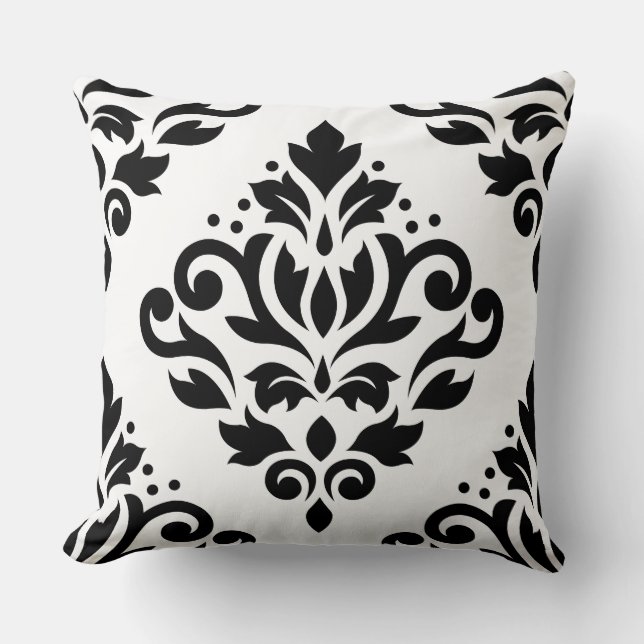 Scroll Damask Large Design (B) Black on White Cushion (Front)