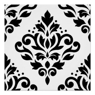 Scroll Damask Large Design (B) Black on White Poster