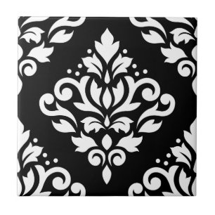 Scroll Damask Large Design (B) White on Black Tile