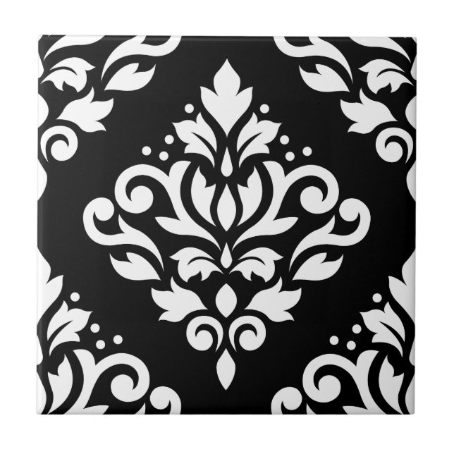 Scroll Damask Large Design (B) White on Black Tile (Front)