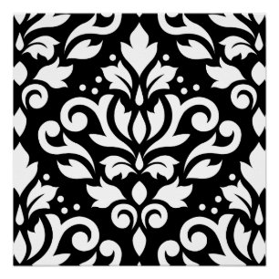Scroll Damask Large Design White on Black Poster