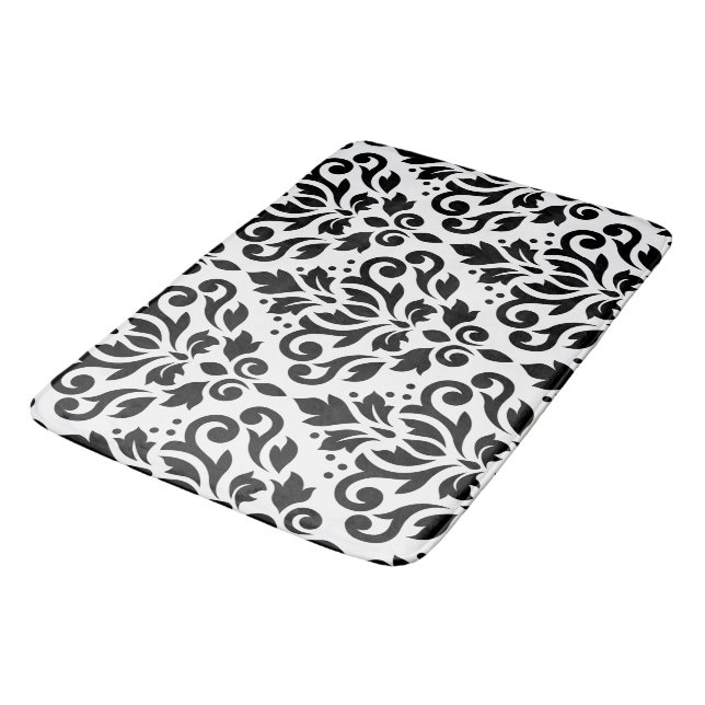 Scroll Damask Large Pattern Black on White Bath Mat (Angled)
