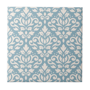 Scroll Damask Large Pattern Cream on Blue Ceramic Tile