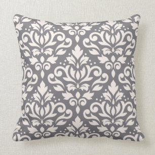 Scroll Damask Large Pattern Cream on Grey Cushion