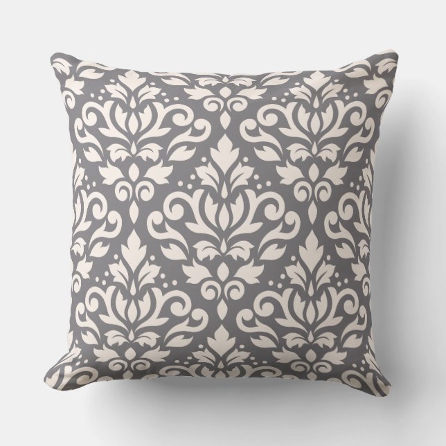 Scroll Damask Large Pattern Cream on Grey Cushion (Front)