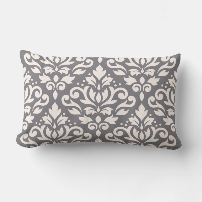 Scroll Damask Large Pattern Cream on Grey Lumbar Cushion (Front)