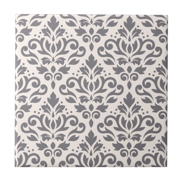 Scroll Damask Large Pattern Grey on Cream Ceramic Tile (Front)