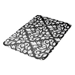 Scroll Damask Large Pattern White on Black Bath Mat