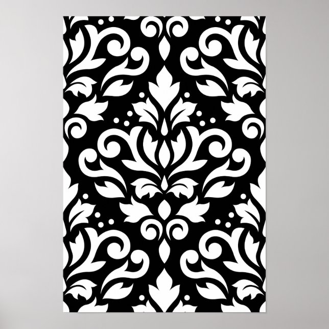 Scroll Damask Large Pattern White on Black Poster (Front)