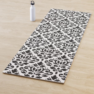 Scroll Damask Lg Pattern Black on White Yoga Mat