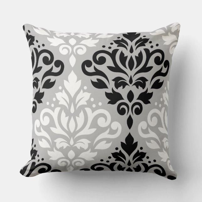 Scroll Damask Lg Ptn Art B&W on Grey Cushion (Front)