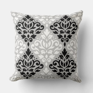Scroll Damask Lg Ptn B&W on Grey Cushion