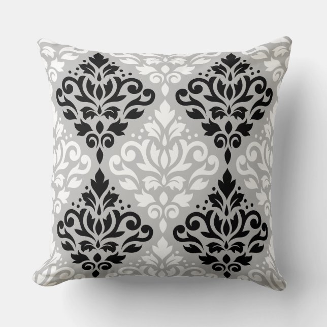 Scroll Damask Lg Ptn B&W on Grey Cushion (Front)
