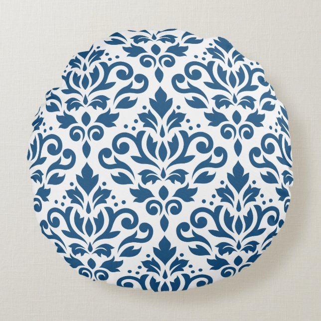 Scroll Damask Lg Ptn Dk Blue on White Round Cushion (Front)